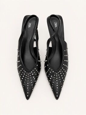 ZARA Black Pointed Slingback Flats with Silver Studs